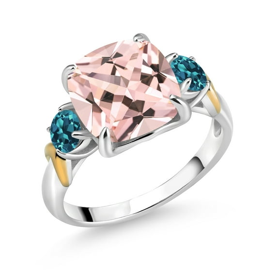 Gem Stone King 925 Silver and 10K Yellow Gold Peach Nano Morganite and London Blue Topaz 3 Stone Ring for Women (4.98 Cttw, Gemstone October Birthstone, Cushion 10MM, Round 4MM, Size 6)