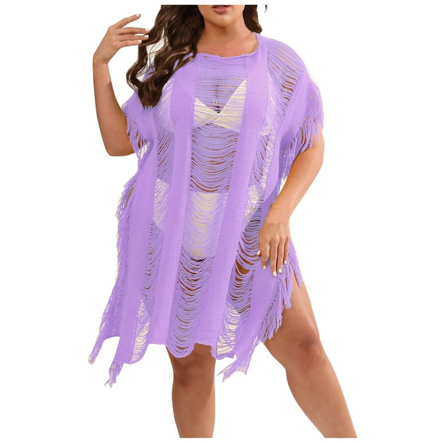 Plebaso Robe de Plage Grande Taille pour Femmes avec Franges et Découpes, Maillot de Bain, Robe de Plage pour Dames
