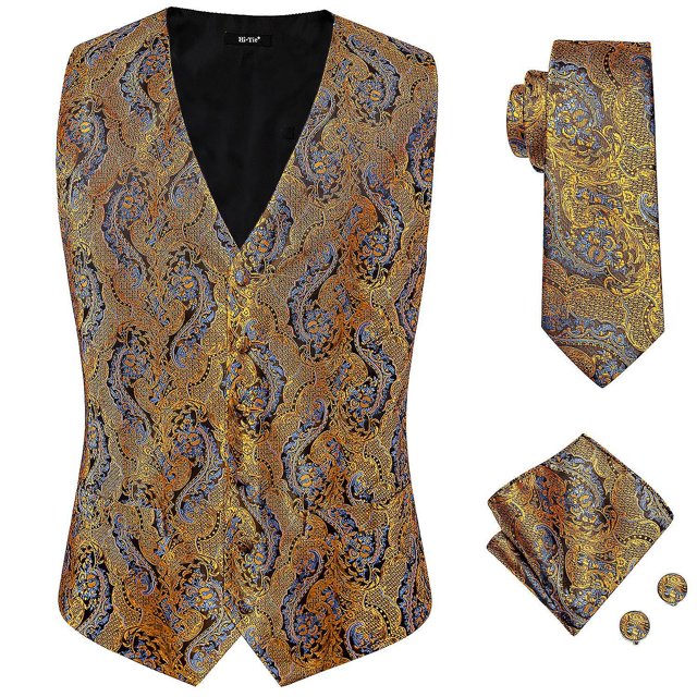 Chaleco de lujo de Jacquard de seda de Cachemira de oro púrpura para hombre, conjunto de corbata, chaleco azul marino Borgoña, corbata, gemelos y pañuelo para hombre