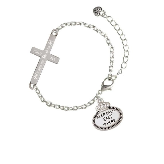Silvertone Keep Calm EMT is Here - She will not Fall - Cross Bracelet
