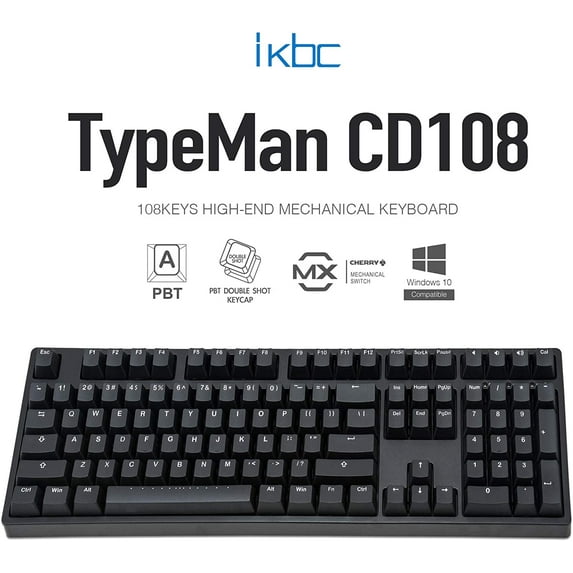 iKBC CD108 v2 Mechanical Keyboard with Cherry MX Black Switch for Windows and Mac, Full Size Ergonomic Keyboard with PBT Double Shot Keycaps for Desktop, 108-Key, Black, ANSI/US