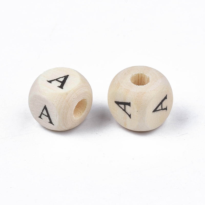 Printed Natural Wood Beads Horizontal Hole Cube with Initial Letter PapayaWhip Letter A 10x10x10mm Hole: 3.5mm about 950~1000pcs/500g
