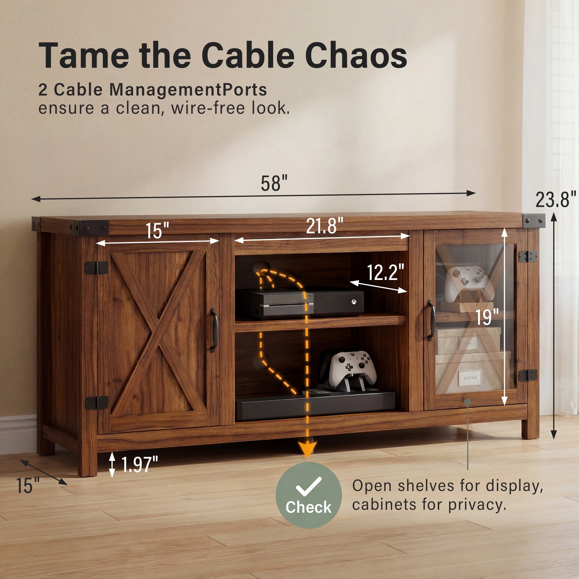 Vineego TV Stand for 65 Inch TVs, Farmhouse Storage Cabinet with Sliding Doors and Cord Management, Rustic Brown