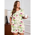 thumbnail image 2 of SHOWMALL Pajamas for Plus Women 2 Piece Short Sleeve Tops and Shorts Lounge Set Soft Sleepwear with Pockets Cream Pink Yellow Blooms 1X, 2 of 9