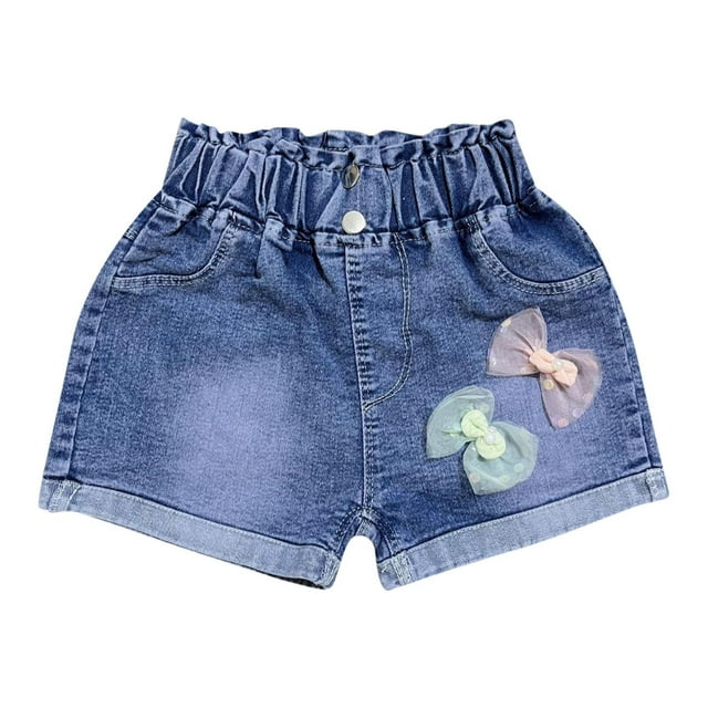 Girls Denim Shorts Summer Elastic Waist Wash Denim Flared Short Pants Causal Ruffle Jean Shorts with Pockets 4-5 Years