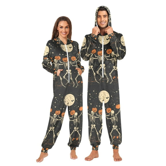 FORMRS Onesies Pajama for Adults Unisex Hoodie Winter Jumpsuit One Piece Sleepwear, Sizes S-2XL, Black Halloween Dancing Skeleton
