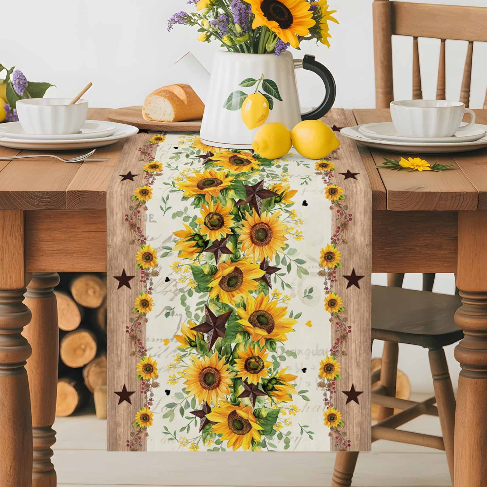 Retro Sunflower Bee Country Star Table Runner 90 Inches Long, Farmhouse Wood Grain Table Runners Tabletop Scarf Kitchen Dining Tables Decoration for Home Party Indoor Outdoor