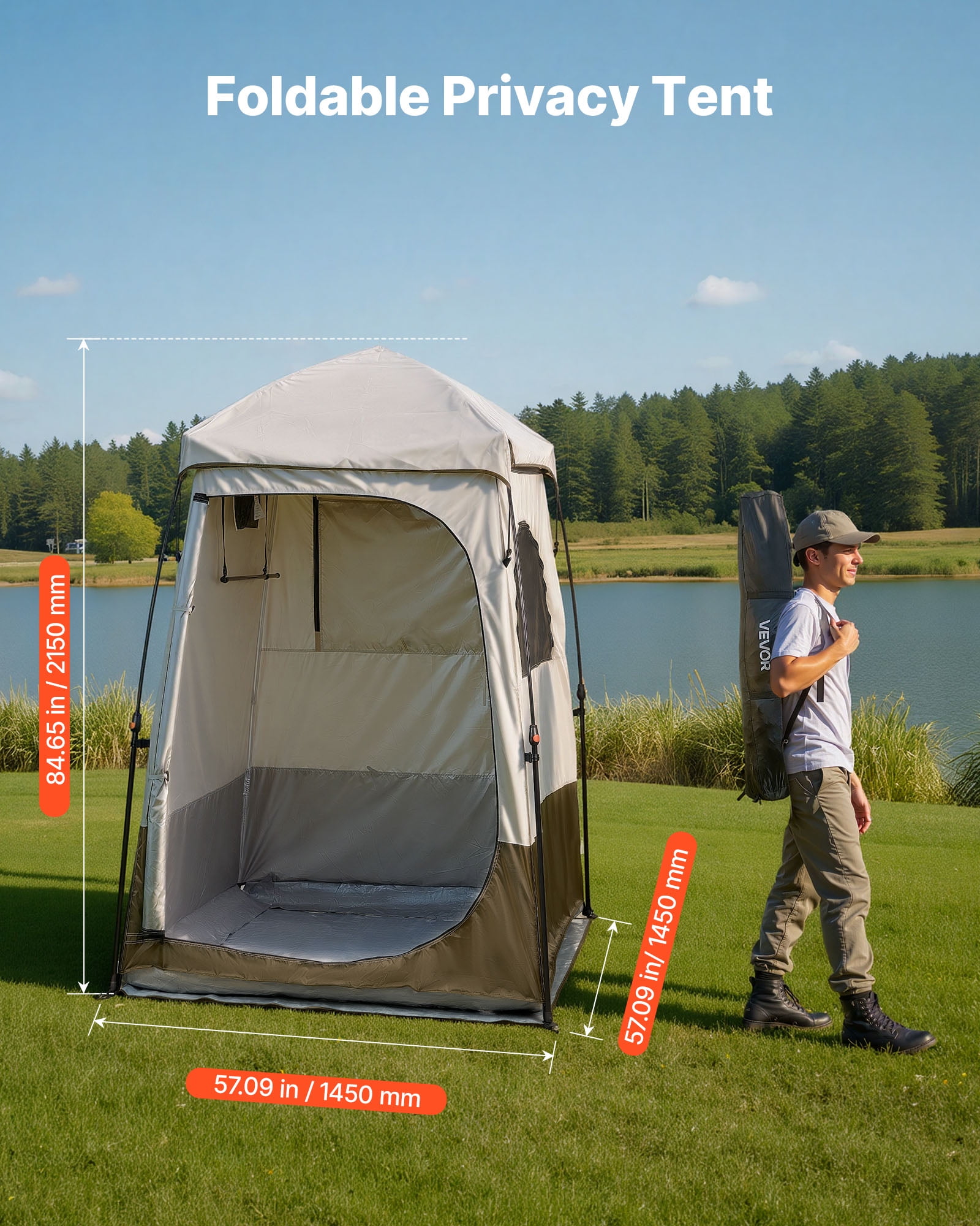VEVOR Camping Shower Tent, 1 Room, Foldable Privacy Tent Changing Room with Ground Stakes, Ropes, Carry Bag, and Crossbar, 210D Oxford Fabric with Silver Coating, for Camping, Beach, and Fishing