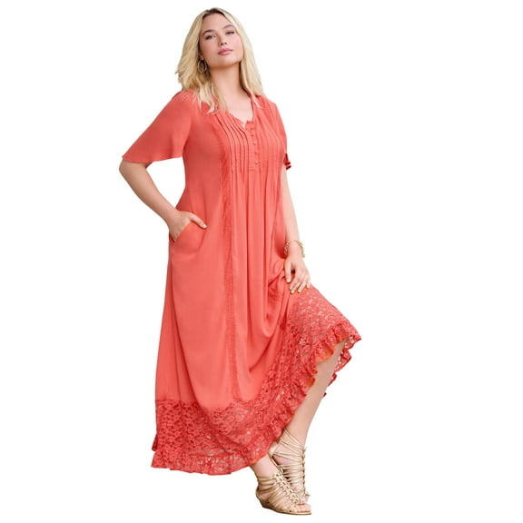Roaman's Women's Plus Size Hand-Crinkled Lace-Panelled Boho Dress