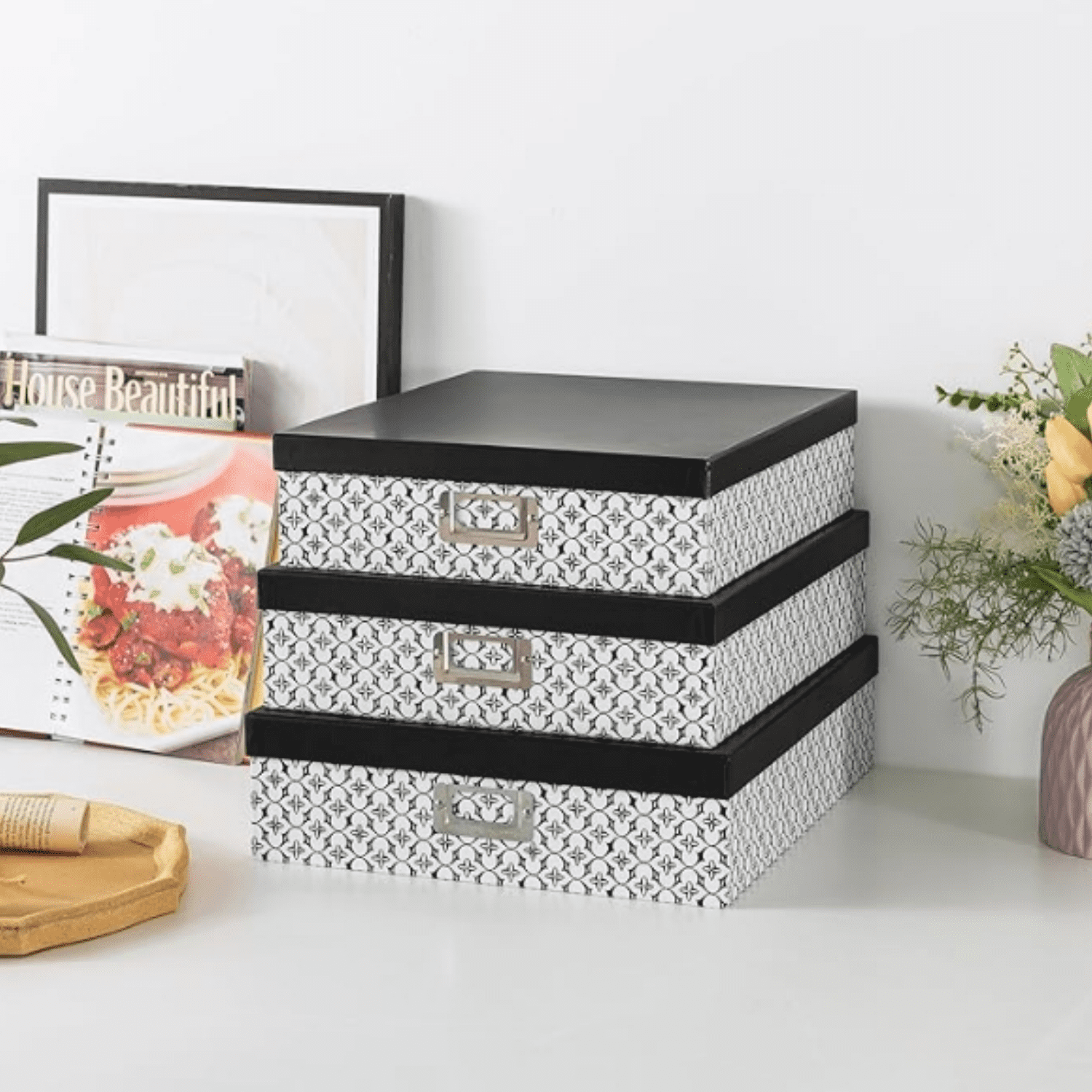 Black and White Decorative Storage Boxes with Lids for Organizing, Set of 3 Jumbo Scrapbook Storage Boxes for Documents, Keepsakes, Memories, Modern Trellis