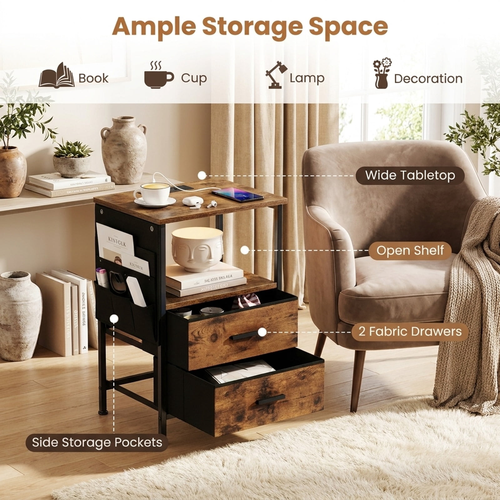 Furnibear End Table Nightstand with Charging Station and 2 Folding Fabric Drawers