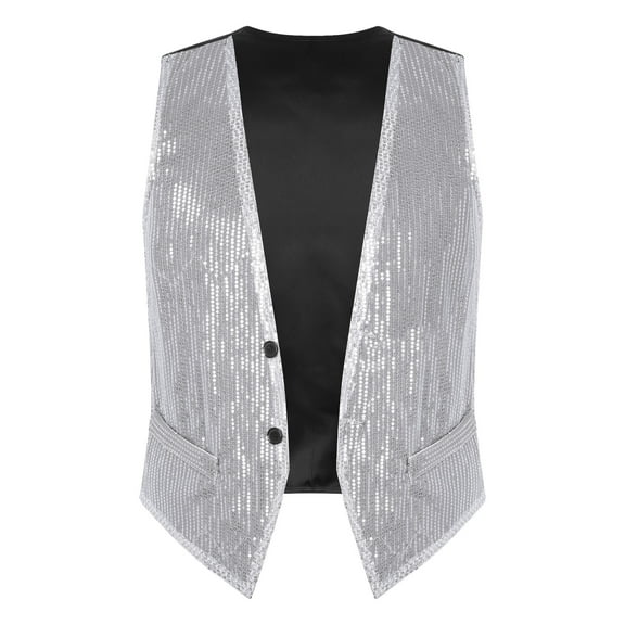 DPOIS Men's Sequins Vest Shiny Party Nightclub Stylish Suit Vest Waistcoat Silver 4XL