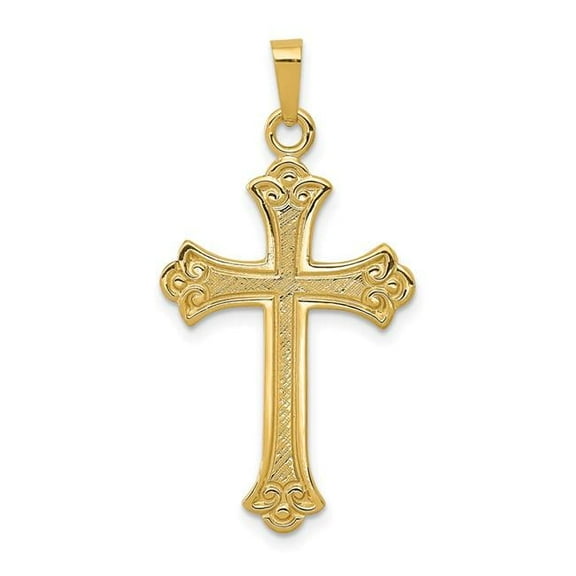 14K Yellow Gold Textured & Polished Fleur de lis Cross Pendant