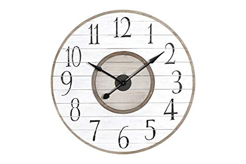 Woven Paths 36" Round Wood Wall Clock in Distressed White and Brown Finish