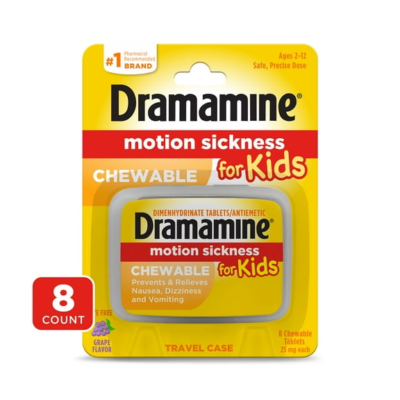 Dramamine Motion Sickness for Kids, Chewable Grape, Dye Free, 8 Count
