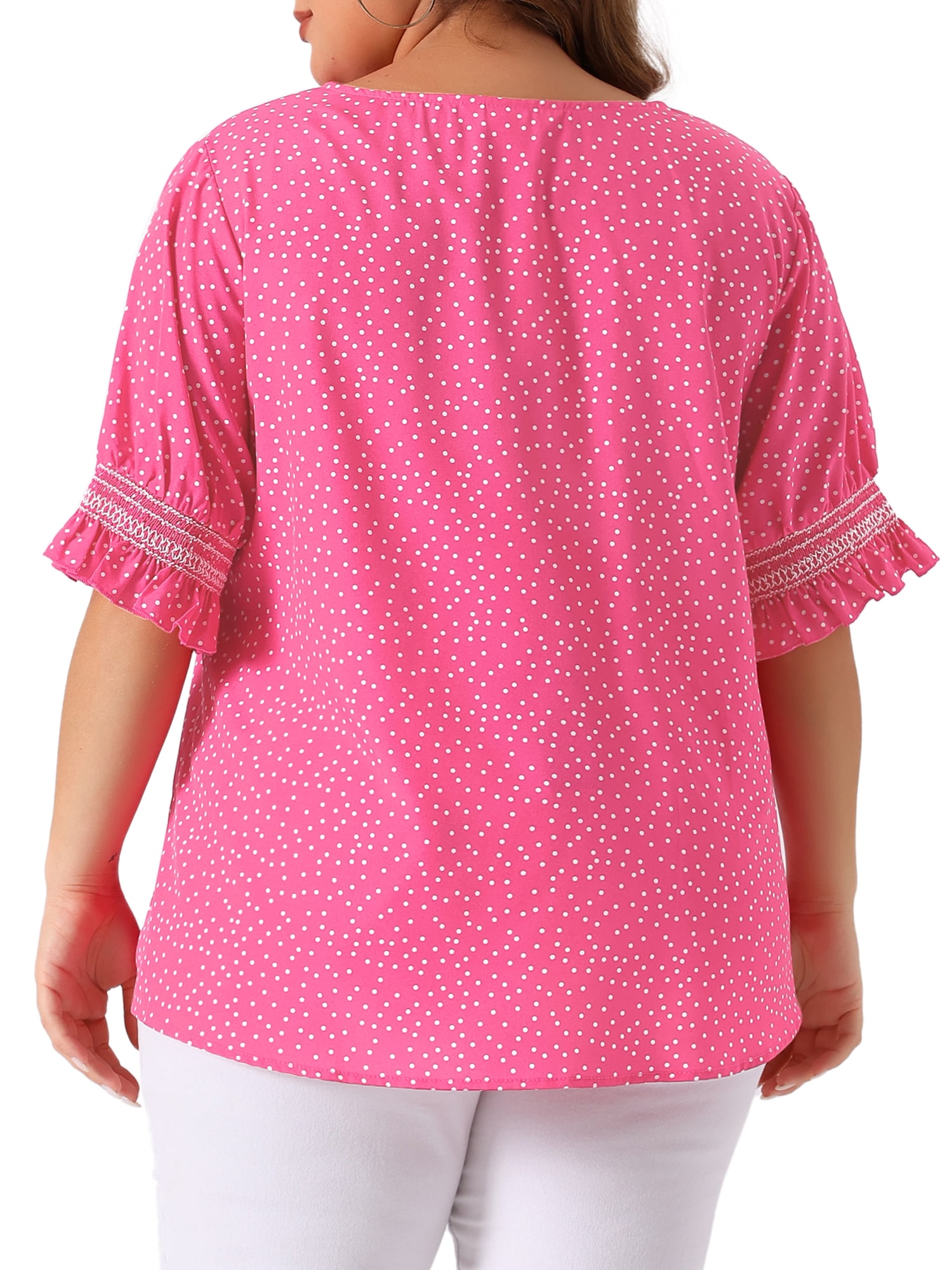 Unique Bargains Women's Plus Size Dots Heart Smocked Short Sleeve Blouse 2X Hot Pink
