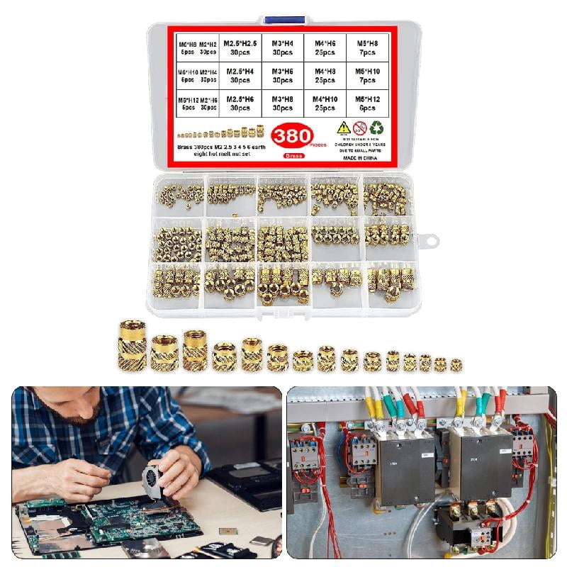 BQBQERT 380Pcs Brass Knurled Nut 2/2.5/3/4/5/6mm Threaded Inserts Metric Knurled Nut Assortment Kits for 3D Printing