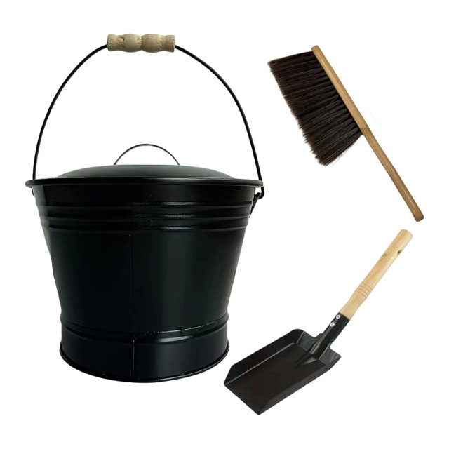 DOLITY Ash Bucket Ash Can Sturdy Efficient with Lid Multifunctional for Fireplace Metal. This black iron ash bucket features a heat-resistant construction with a wooden handle for safe handling. The set includes a tightly sealed lid, a wooden-handled shovel, and a hard bristle brush for efficient cleaning of fireplaces, fire pits, and stoves. The bucket measures 31cm in total height with a 24cm diameter at the top, and is suitable for storing ash, firewood, or wood pellets. Ideal for indoor and outdoor use.