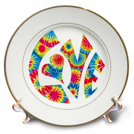 - 3dRose The Word Love in a Vintage Funky Retro 60s Hippie Tie-Dye Pattern, Porcelain Plate, 8-inch