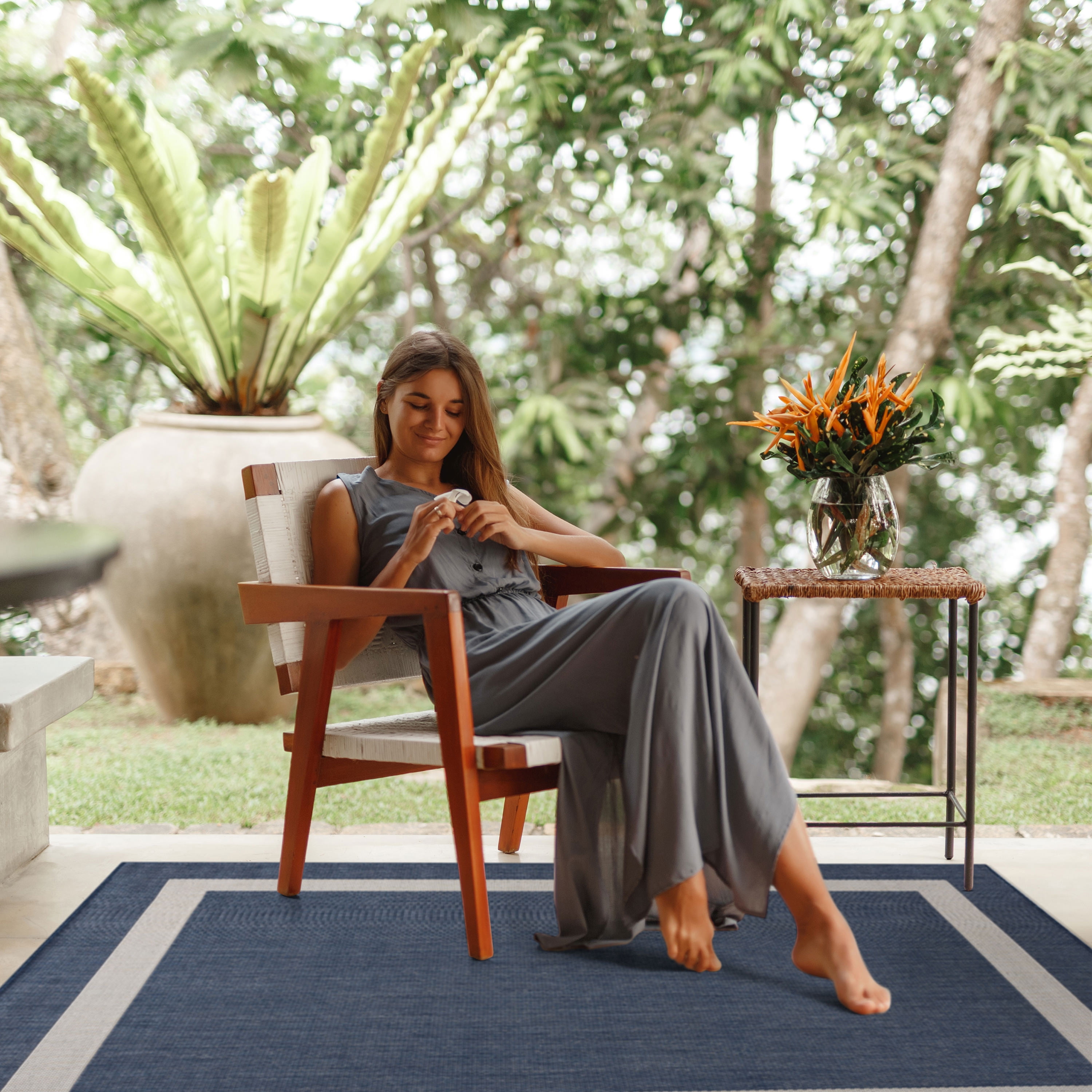 CAMILSON Bordered Washable Indoor Outdoor Area Rug Blue 9 x 12