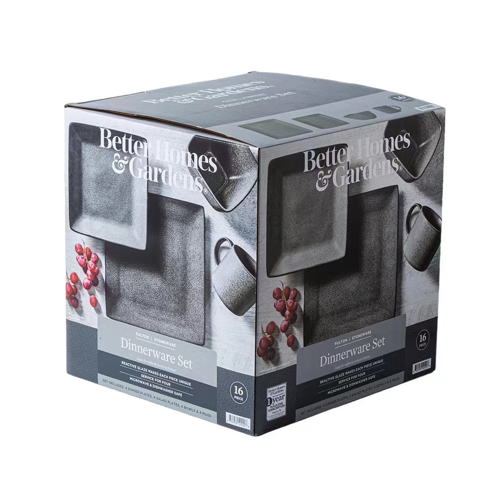 Better Homes & Gardens- Dark Gray Square Stoneware 16-Piece Dinnerware Set