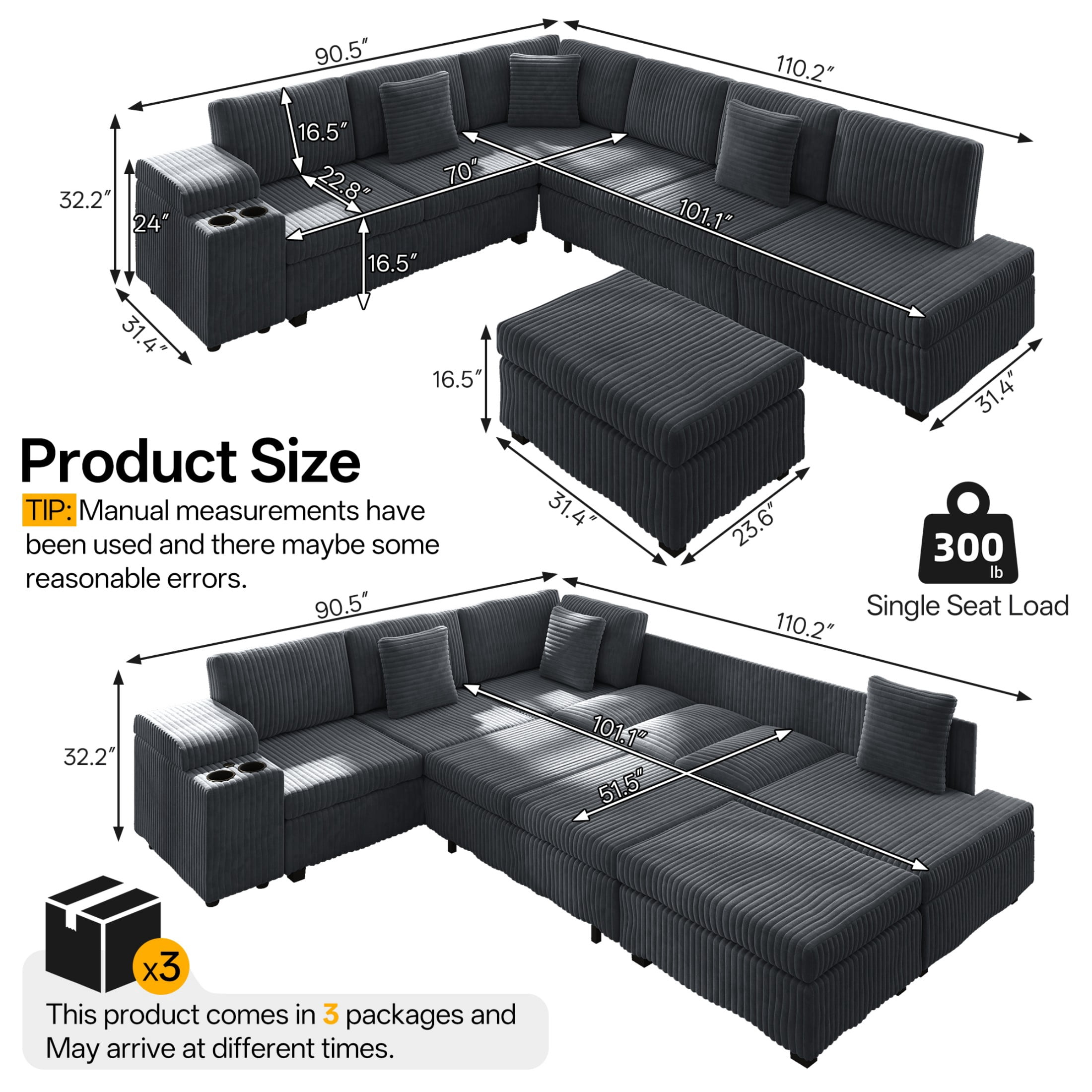 LLappuil 110" Sectional Sofa, Modular Sectional Couch Convertible Sofa Bed, 7 Seat Corduroy Sofa Couch with Movable Ottoman, Hidden Armrest Storage & USB Charging Ports Dark Gray