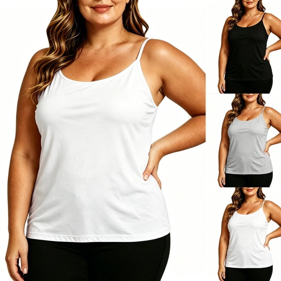 JGGSPWM Plus Size Camisole for Women Adjustable Spaghetti Strap Cami Tank Top with Built In Padded Bra Cotton Shirts S-6XL Gray XXXXXL