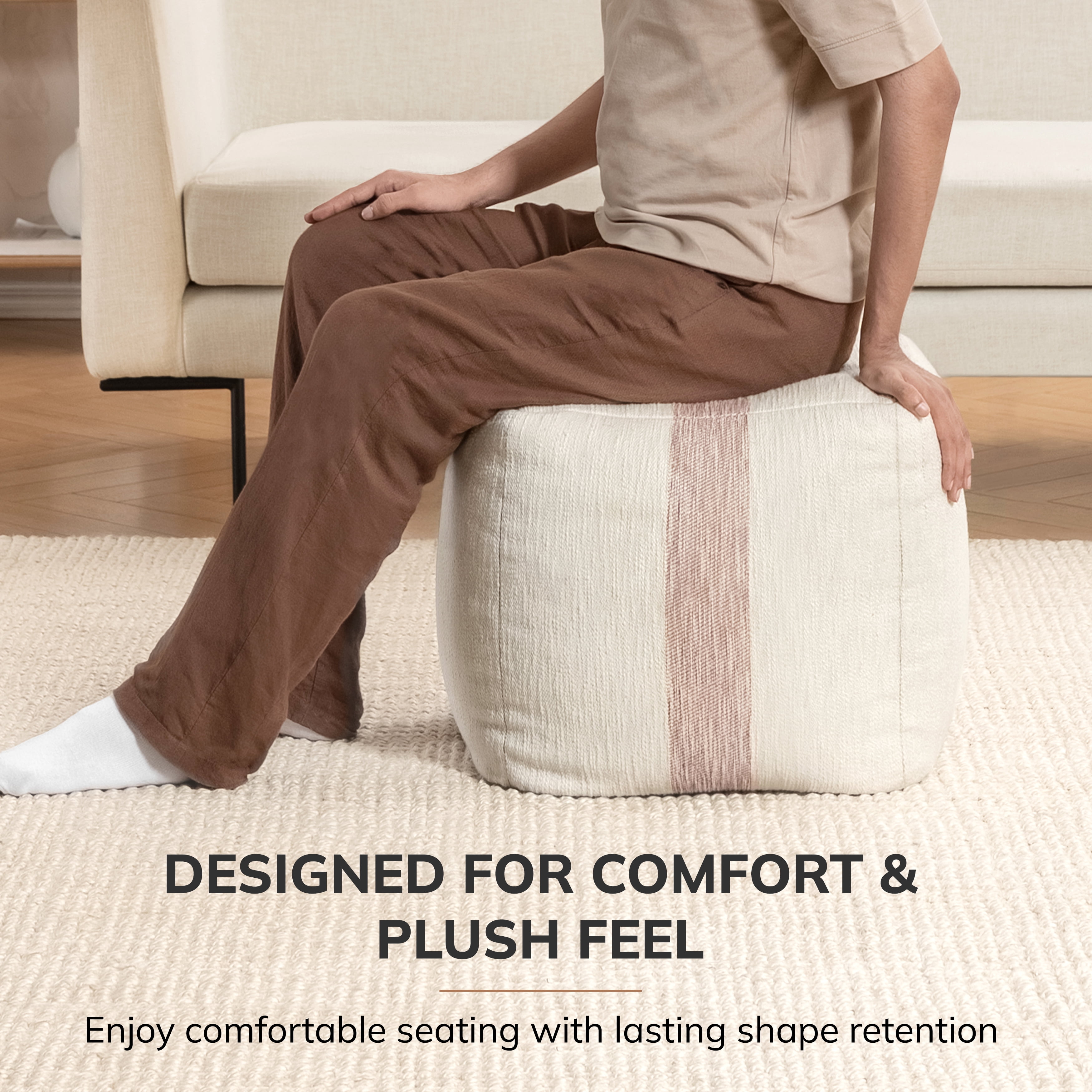 Anji Mountain Pouf Ottoman Foot Rest, Handmade Ottoman Pouf, Comfortable Foot Stool, Decorative Floor Seating for Living Room Decor, Bedroom & Home Décor Accent - Mocha Bisque
