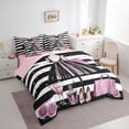 thumbnail image 2 of 7 Piece Pink Girly Dress Bed in a Bag King Size Modern Women Black White Stripe Bedding Sets Romantic Makeup Themed Comforter Set with Sheets Golden Polka Dots Bed Set Perfume Print Sheets, 2 of 5