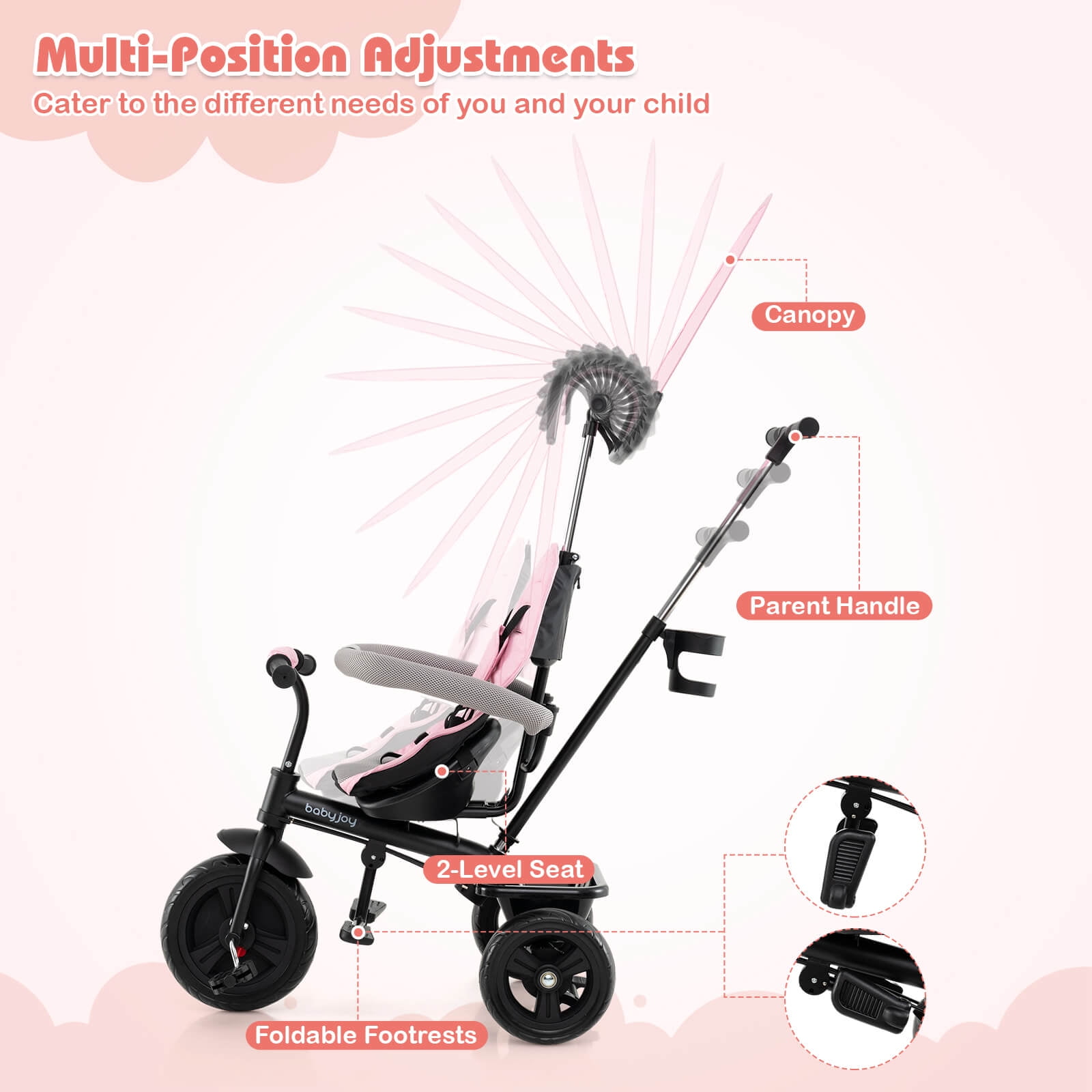 Costway Toddler Tricycle, 7 in 1 Push Trike with Adjustable Canopy Parent Push Handle Seat Pink
