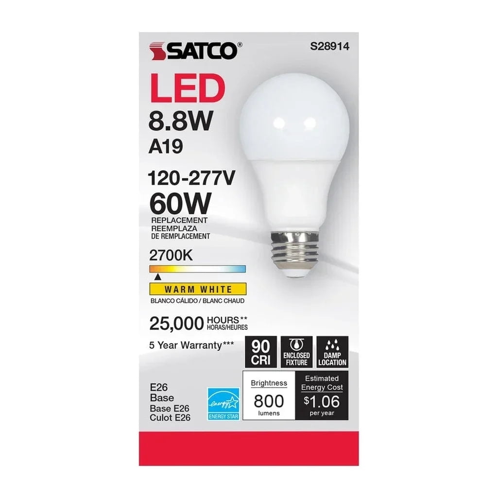 Satco 8.8-Watt LED E26 Light Bulbs, 2700K, 25000 Hour Rating, Dimmable, 6 Pack