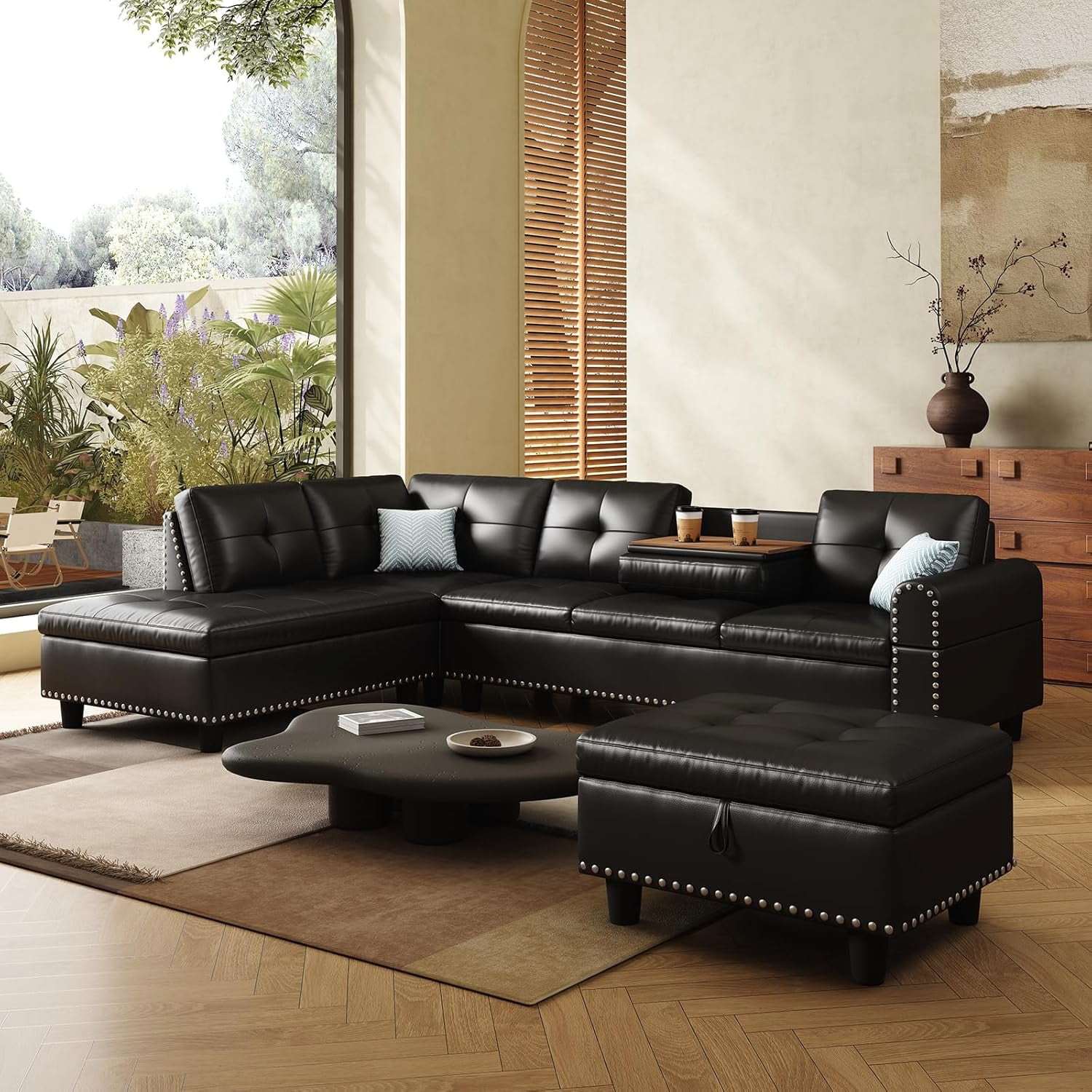 AENKYO 98" L-Shaped Sectional Sofa with Reversible Chaise, Storage Ottoman & Cup Holders, Faux Leather, Black