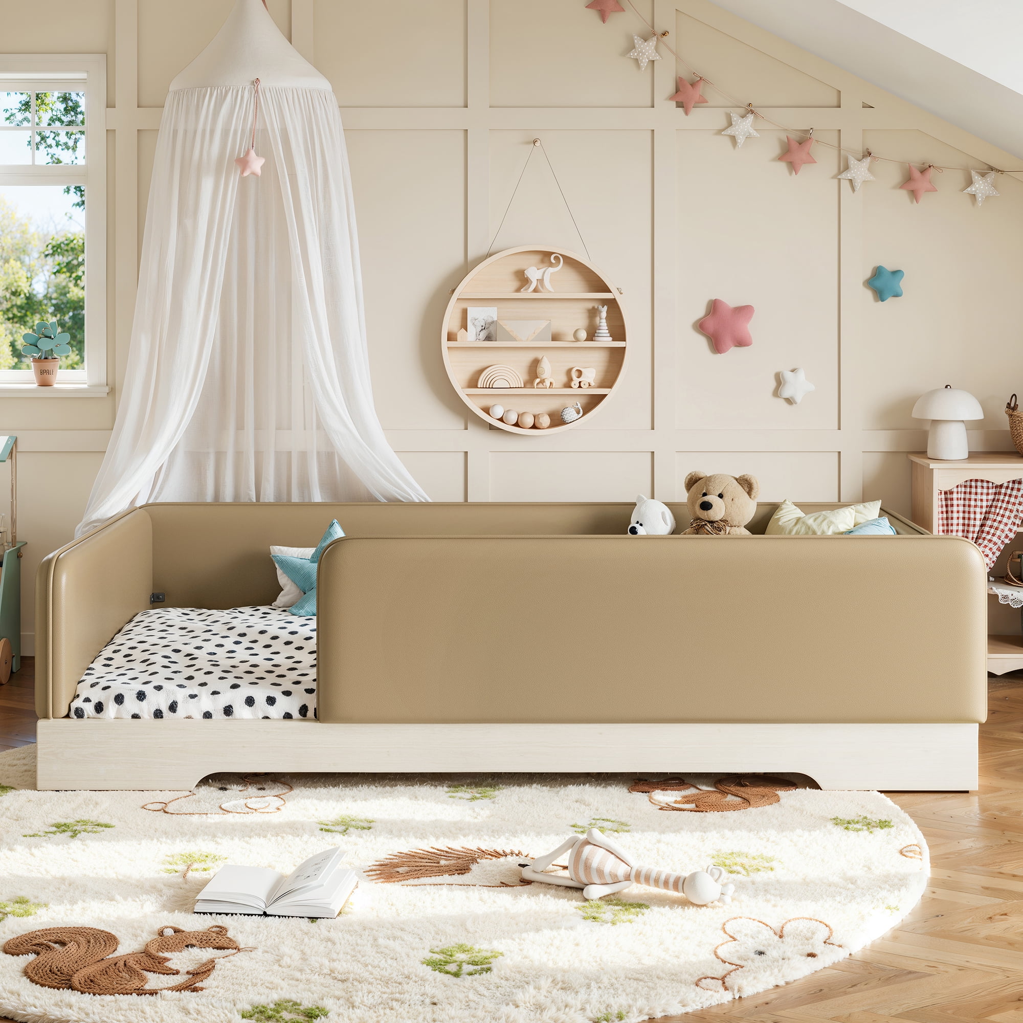 Twin Upholstered Floor Bed 76.38 Inch, Faux Leather Montessori Bed with Removable Guardrails, Low Profile Platform Bed for Kids, Brown
