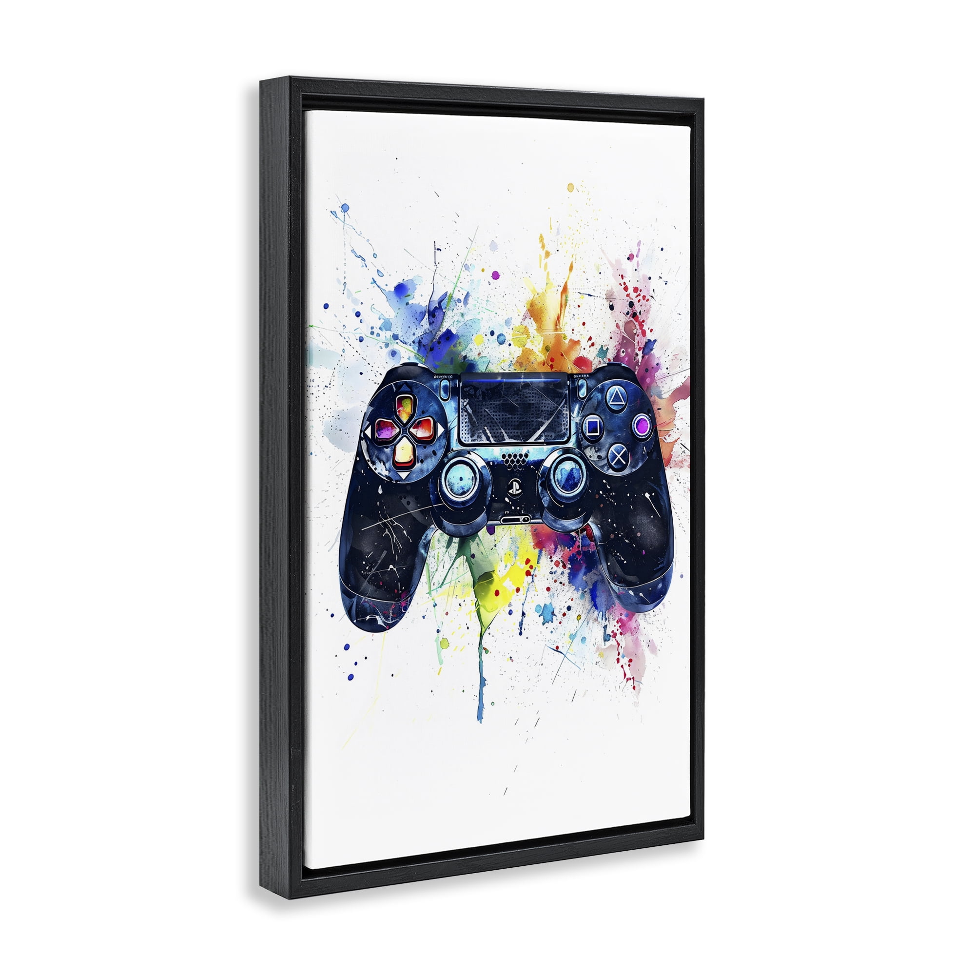 Stupell Industries Colorful Gaming Controller Splatter Black Framed Floater Canvas Wall Art, design by Creative Studio