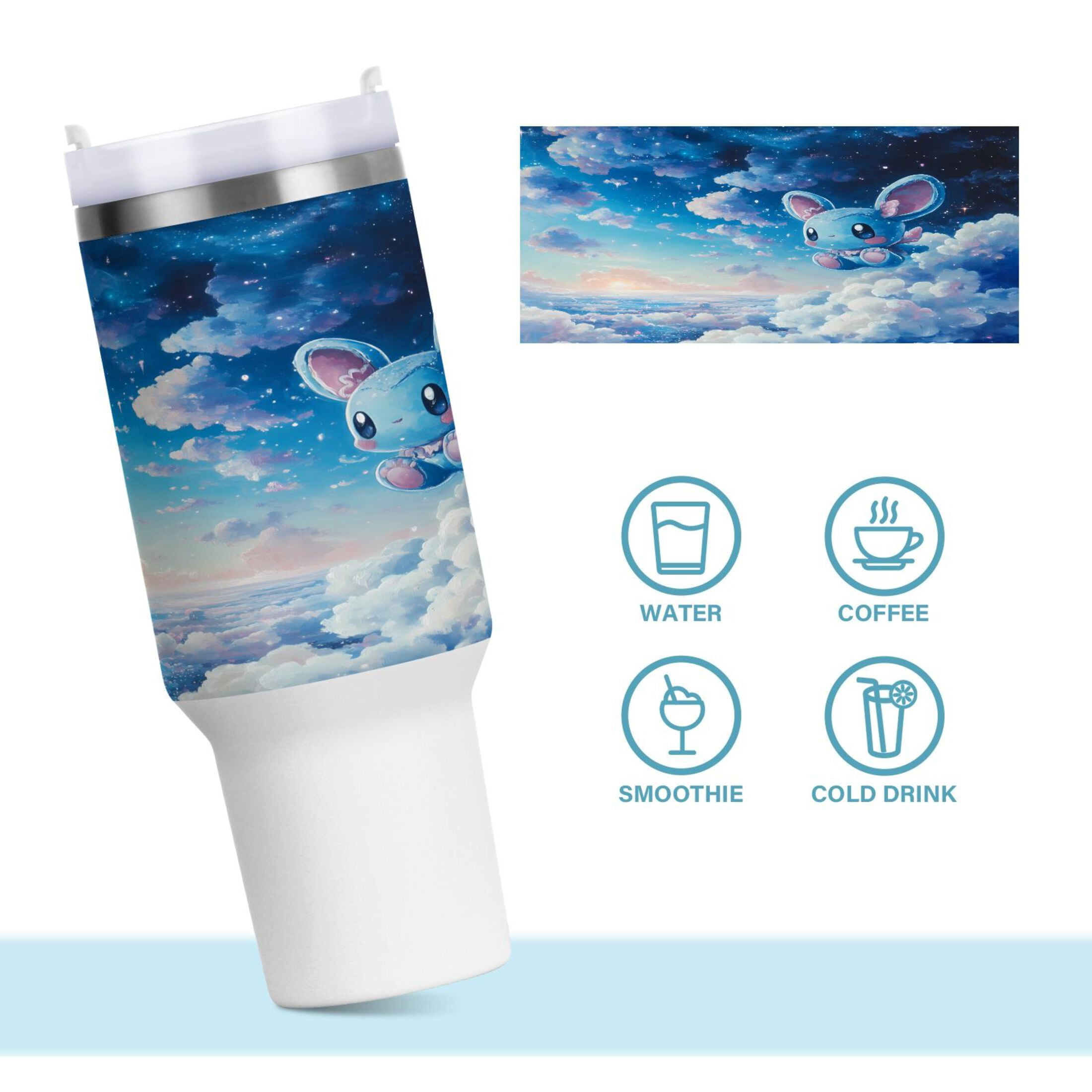 40 oz Tumbler with Handle and Straw Lid Cute Blue Mouse in Sky Insulated Vacuum Water Bottle Stainless Steel Travel Cup