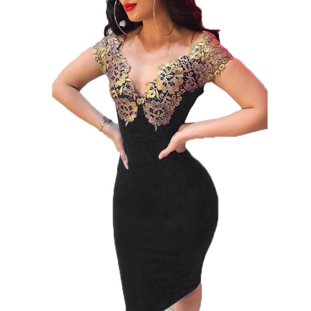 Mujer Slim Fit vestido dorado cuello V profundo cintura alta lápiz vestido para banquetepangjing