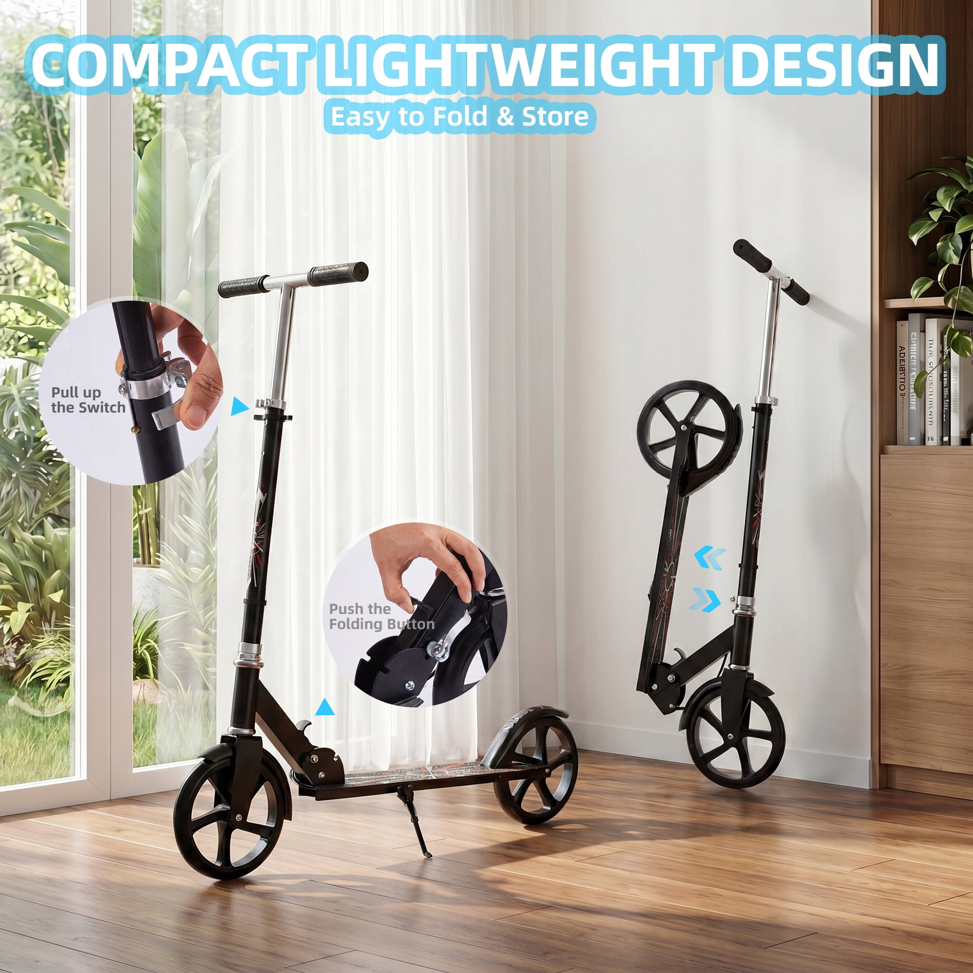 Redsmile Kick Scooter with 3 Adjustable Levels,Folding Commuter Scooter 8 Inch Big Wheels for Teens & Adults,Black