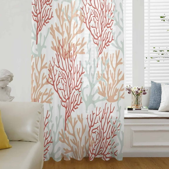 Red Orange Grey Coral Coastal Semi Sheer Curtains Drapes for Living Room,Bedroom,French Doors Window 96 Inches Long,Summer Beach Seaside Nautical Rod Pocket Chiffon Curtain Drapery Voile Drape Panel