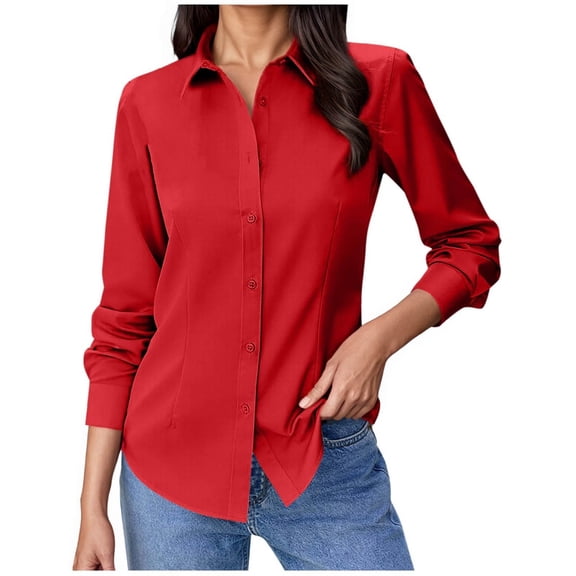 Womens Classic Shirt Button Down Long Sleeve Lightweight Blouse Relaxed Fit Solid Color Red L