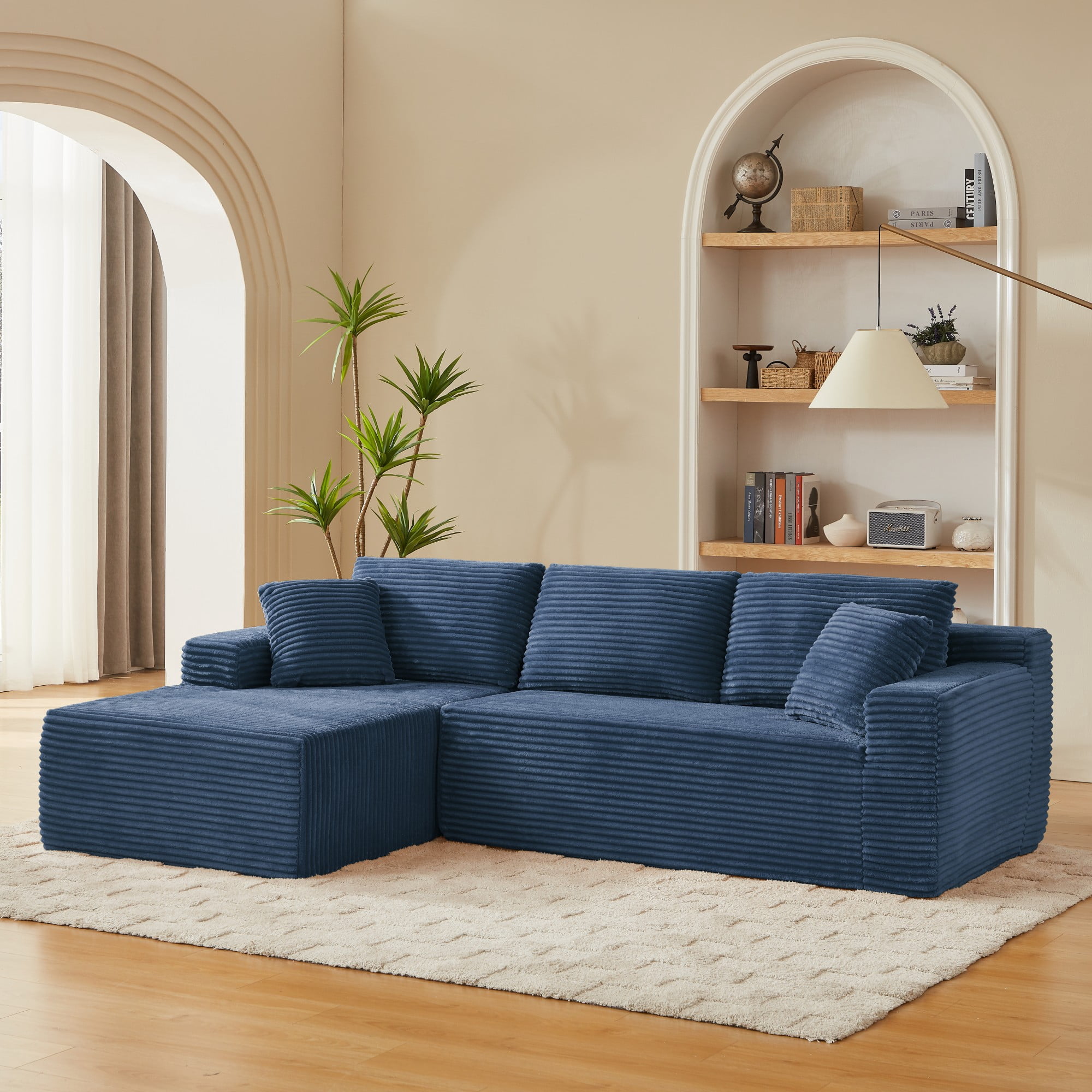 Aukfa 103" Modular Cloud Sectional Sofa, L-Shaped Boneless Couch with Left-Facing Chaise, Deep Seat Corduroy Sleeper Sofa for Living Room, Blue
