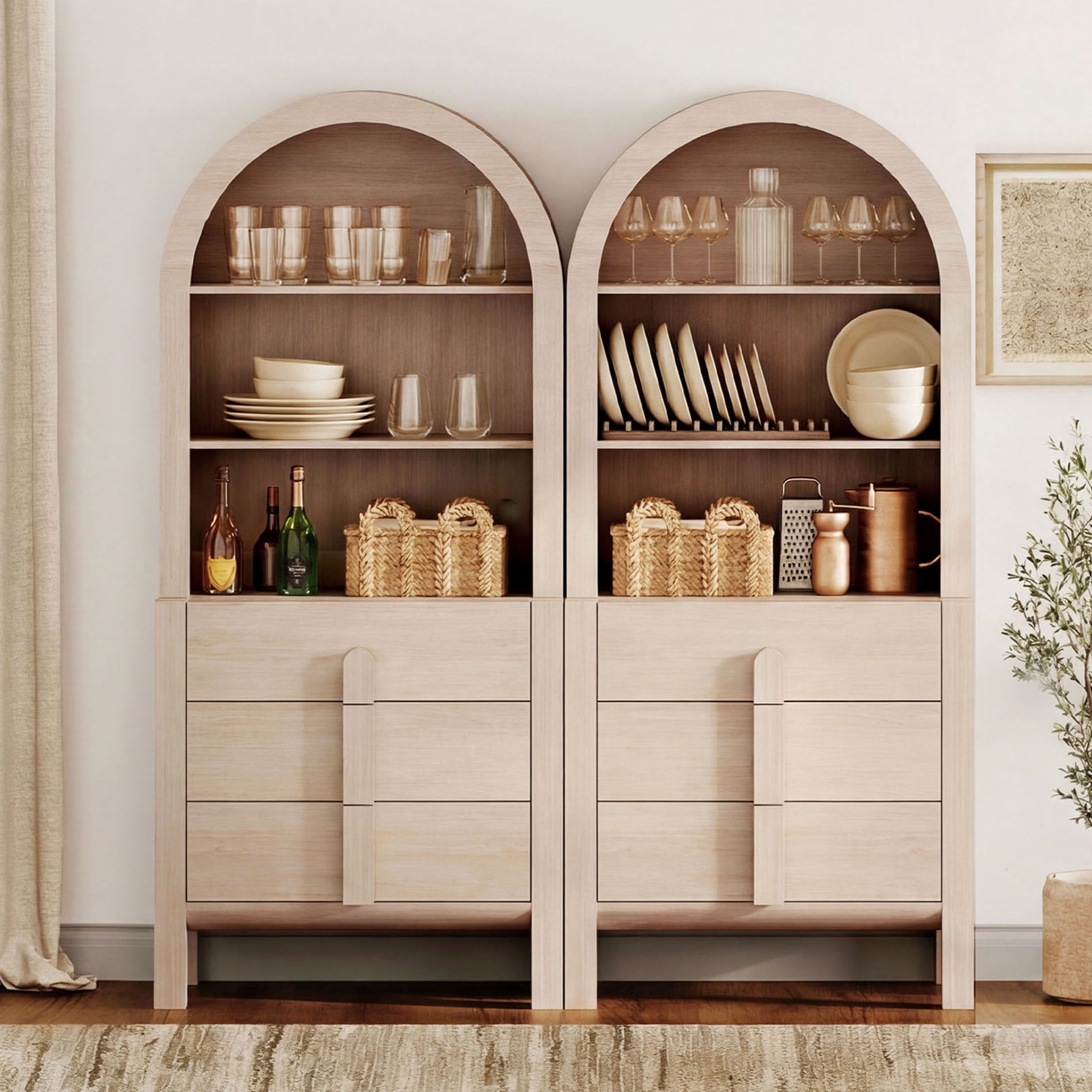 71" Tall Arched Kitchen Pantry Cabinet Set of 2, Wood Bookcase Display Cabinet With Drawers And Open Arched Shelves, Mid-Century Modern Versatile Cupboard For Dining Room, Bedroom