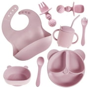 Protoiya 8Pcs Baby Feeding Set,Silicone Tableware Set Reusable Baby Led Weaning Supplies Washable Suction Baby Bowl and Plates for Toddlers Home(Pink)