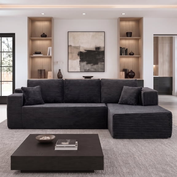 Sovary 110" Modular Cloud Sectional Sofa with Armrest, Deep Seat Boneless Couch, No Assembly Living Room Set,Black