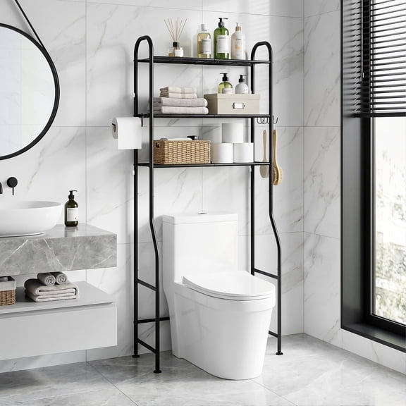 DQQKMM 3-Tier Over the Toilet Storage Rack, Freestanding Metal Bathroom Organizer with Paper Holder & Hooks, Space Saver Shelf for Bathroom, Black