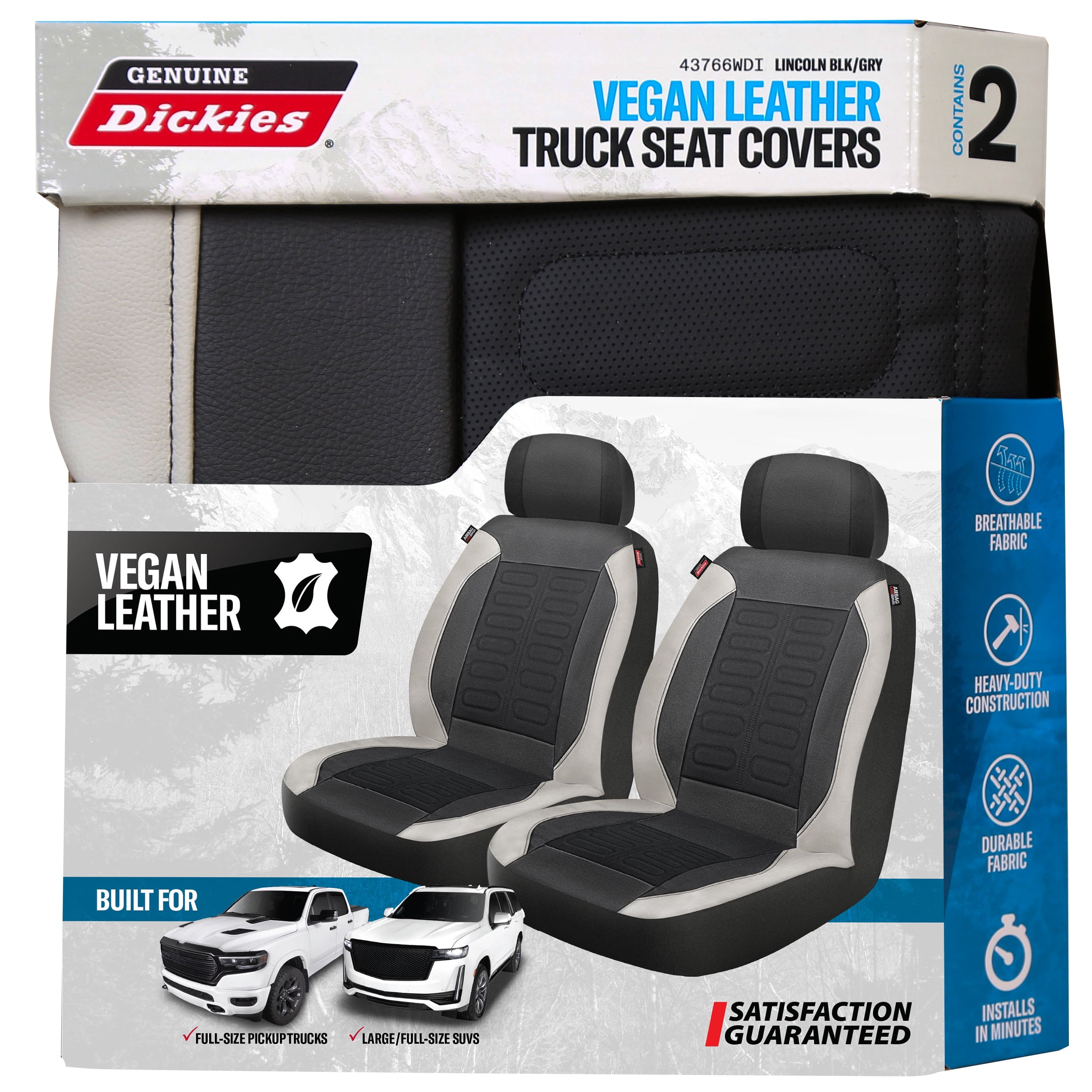Genuine Dickies 2-Piece Black-Gray Vegan Leather Truck Seat Covers