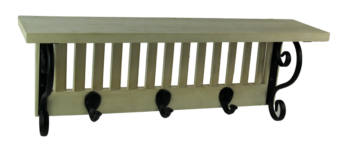 Wood Shutter Metal Scroll Decorative Wall Shelf With Hooks