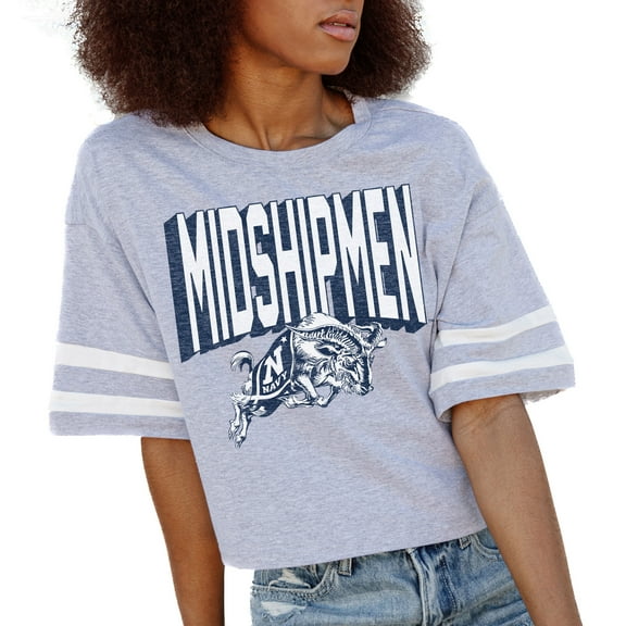 Women's Gameday Couture Gray Navy Midshipmen No Shortcuts Drop Shoulder Sleeve Stripe Cropped T-Shirt