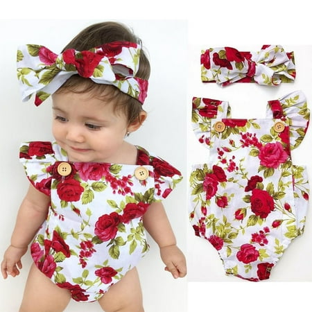 Newborn Infant Toddler Baby Girls Clothes Flower Jumpsuit Romper Bodysuit + Headband Outfits