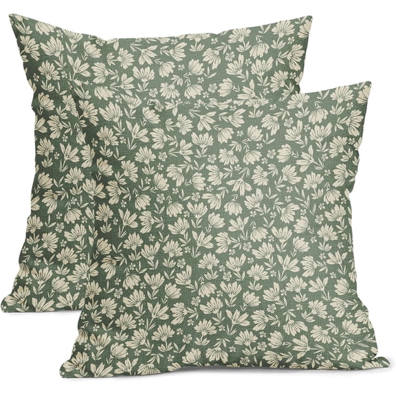 Daisy Floral Block Print Pillow Covers 20X20 Inch Sage Green Beige Flowers Decorative Square Pillow Cases Set of 2 Farmhouse Home Decor Vintage Retro Cute Throw Pillows for Sofa Couch Outdoor