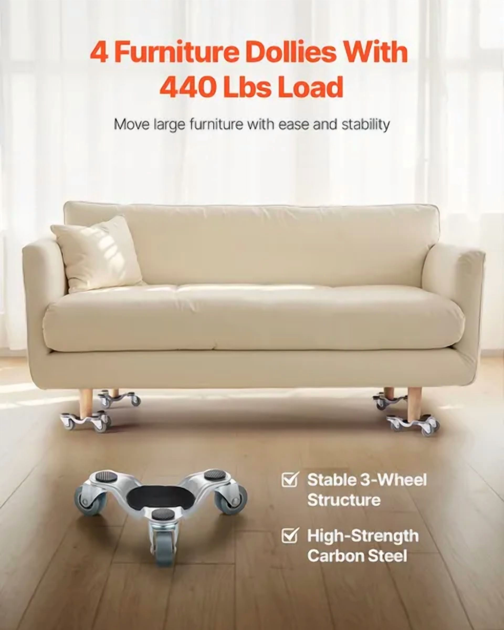 Furniture Dolly, 440 lbs Load Capacity, 3 Wheel Steel 6.3" Tri-dolly Heavy Duty Mover with Triangle Swivel Caster, Carbon Steel Panel, Furniture Lift Mover Tool Set for Appliances, Sofa, Fridge